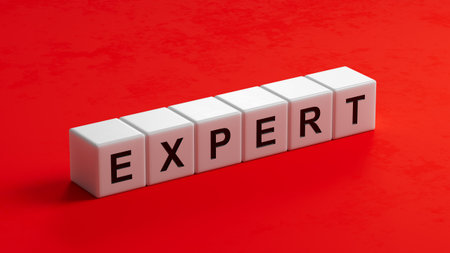 wooden cubes with EXPERT business word. Mission, Vision and core values concept.close up of wooden cubes,Business Concept.3D rendering.の写真素材