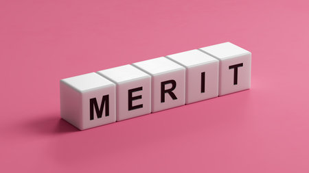 Merit symbol. Concept word Merit on wooden cubes.Business and Merit concept. Copy space.close up of wooden cubes,Business Concept.3D rendering.の写真素材