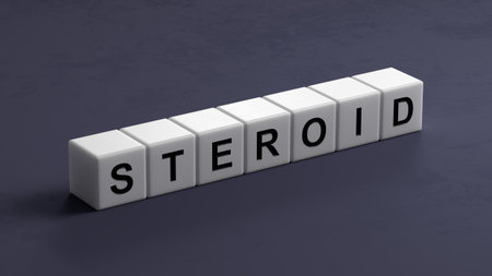 Word STEROID made from wooden letters. Plant on background. Medical concept. Close up of wooden...