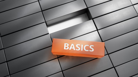 Basics symbol. Concept word Basics on metal blocks.Business and Basics concept.close up of metal blocks,Business Concept.3D rendering.の写真素材