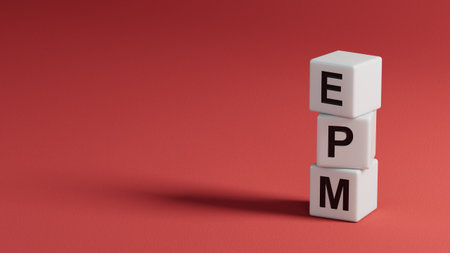 epm sign on wooden elements and magnifier.close up of wooden elements,の写真素材