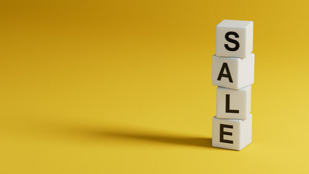 sale.wooden elements spelling.Flat lay view from above on wooden elements buttons.IT technology concept.3D renderingの写真素材