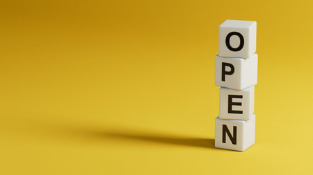 Open.wooden elements spelling.Flat lay view from above on blue background with wooden elements buttons.IT technology concept.3D renderingの写真素材