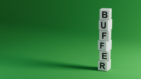 buffer.wooden elements spelling.Flat lay view from above on wooden elements buttons.IT technology concept.3D renderingの写真素材