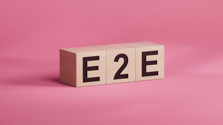 text E2E is written on wooden cubes standing in a row. around the blocks with letters. can be used for business and financial concepts. selective focus.3D rendering.の写真素材