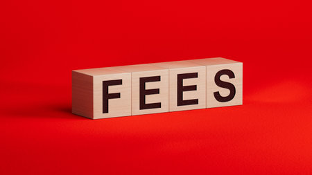 wooden cubes with FEES business word. Mission, Vision and core values concept.close up of wooden cubes,Business Concept.3D rendering.の写真素材