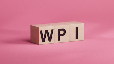 wooden cubes with the word WPI.close up of wooden cubes,Business Concept.3D rendering.の写真素材