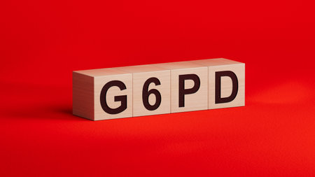 wooden cubes with the word g6pd. Care concept.close up of wooden cubes,Business Concept.3D rendering.の写真素材