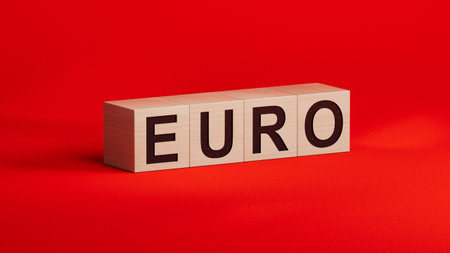 euro Word Written In wooden cubes on documents.close up of wooden cubes,Business Concept.3D rendering.の写真素材