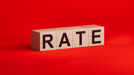 rate Word Written In wooden cubes on notebook with pen.close up of wooden cubes,Business Concept.3D rendering.の写真素材