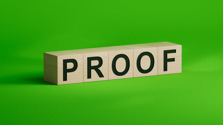 wooden cubes with PROOF word.close up of wooden cubes.3D rendering.
