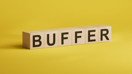 buffer.wooden cubes spelling.Flat lay view from above on wooden cubes buttons.IT technology concept.3D rendering.の写真素材