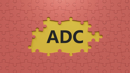 puzzle pieces with missing pieces with adc text. Financial, marketing.close up of puzzle pieces with...