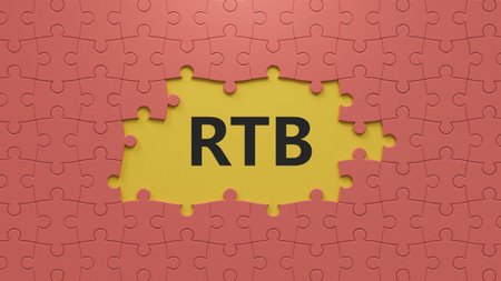 real, time, bidding. wooden table with puzzle pieces with missing pieces. text on wood blocks.close up of puzzle pieces with missing pieces,Business Concept.3D rendering.の写真素材