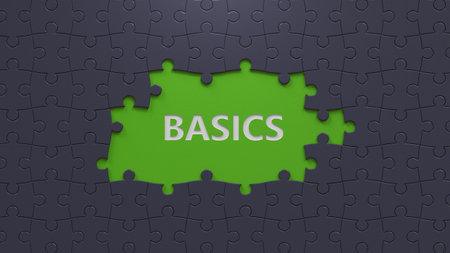 Basics symbol. Concept word Basics on puzzle pieces with missing pieces.Business and Basics concept.close up of puzzle pieces with missing pieces,Business Concept.3D rendering.の写真素材
