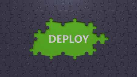 Business puzzle pieces with missing pieces. puzzle pieces with missing pieces with text deploy....