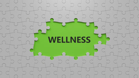 Wellness text word on puzzle pieces with missing pieces.3D rendering.の写真素材