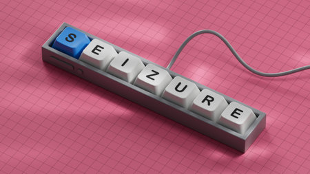 SEIZURE word on notebook, stethoscope and green plant. Close up of computer keyboard keys.の写真素材