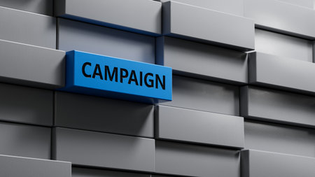 The hand puts a metal blocks with sign campaign. The word is written on metal blocks.close up of metal blocks,Business Concept.3D rendering.の写真素材