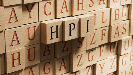 HPI the word is written on wooden blocks. Close up of wooden blocks.の写真素材