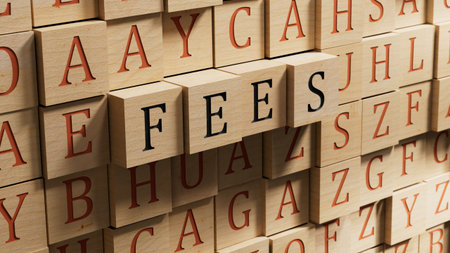 wooden blocks with FEES business word. Mission, Vision and core values concept.close up of wooden blocks,Business Concept.3D rendering.の写真素材
