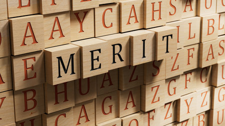Merit symbol. Concept word Merit on wooden blocks.Business and Merit concept. Copy space.close up of wooden blocks,Business Concept.3D rendering.の写真素材