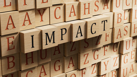 IMPACT Concept With Wooden Ruler.close up of wooden blocks,Business Concept.3D rendering.の写真素材