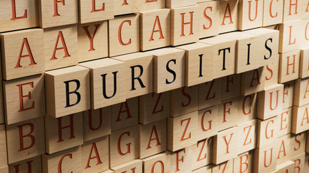 The word BURSITIS is written on wooden blocks. Medical concept. Close up of wooden blocks. 3D rendering.の写真素材