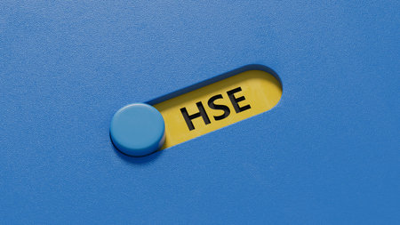 HSE Health Safety Environment acronym on slide switch.3D rendering on blue background.