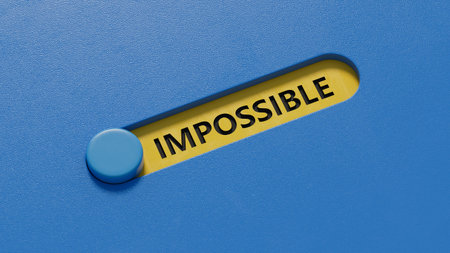 impossible.slide switch spelling.Flat lay view from above on blue background with slide switch...