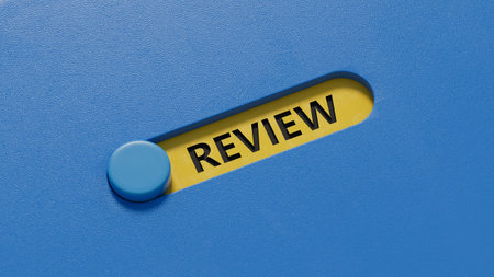 Review.3D illustration of slide switch.close up of slide switch,3D rendering on blue background.