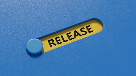 The word release written on slide switches. Business and finance concept.close up of slide switch,Business Concept.3D rendering on blue background.の写真素材