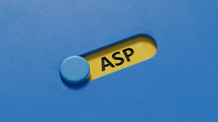 ASP sign on the slide switch. Business Concept. Close up of slide switch, Business Concept. 3D rendering on blue background.の写真素材