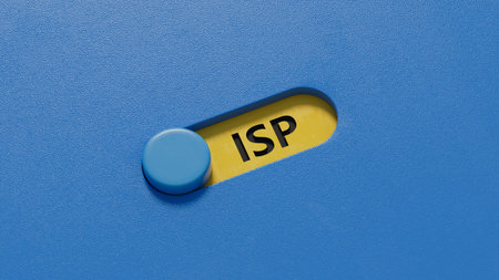isp sign on slide switch.close up of slide switch,Business Concept.3D rendering on blue background.