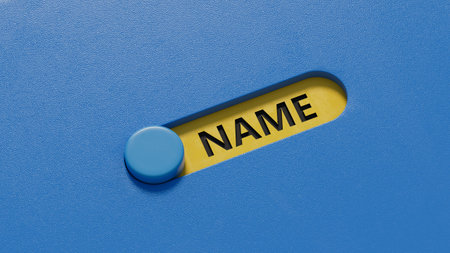 concept word name on slide switch.close up of slide switch,Business Concept.3D rendering on blue...