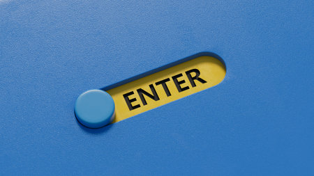 Enter.3D illustration of slide switch.close up of slide switch,3D rendering on blue background.の写真素材