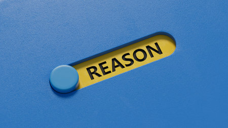 Reason symbol. Concept word Reason on slide switch.Business and Reason concept. Copy space.close up of slide switch,Business Concept.3D rendering on blue background.の写真素材