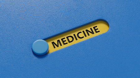 MEDICINE text word on slide switch.3D rendering on blue background.
