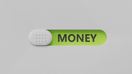 money.slide switch spelling.Flat lay view from above on green background with slide switch...