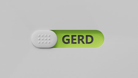 The word GERD is written on a slide switch. Medical concept. Close up of a slide switch. 3D rendering on a green background.の写真素材