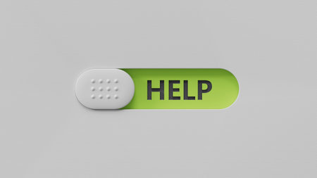 help.slide switch spelling.Flat lay view from above on slide switch buttons.IT technology concept.3D...