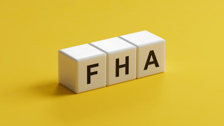 the word FHA is written on wooden cubes. close up of wooden cubes, Business Concept. 3D rendering on yellow background.の写真素材