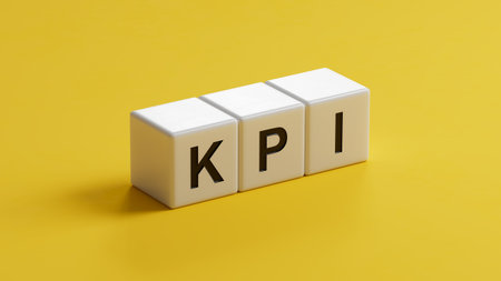 wooden cubes with KPI text. Financial, marketing.close up of wooden cubes,Business Concept.3D rendering on yellow background.の写真素材