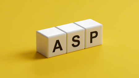 ASP sign on the wooden cubes. Business Concept. Close up of wooden cubes, Business Concept. 3D rendering on yellow background.の写真素材