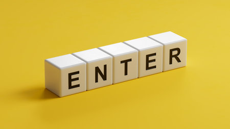 Enter.3D illustration of wooden cubes.close up of wooden cubes,3D rendering on yellow background.の写真素材