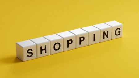 Shopping.3D illustration of wooden cubes.close up of wooden cubes,3D rendering on yellow background.の写真素材