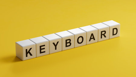 Keyboard.wooden cubes spelling.Flat lay view from above on yellow background with wooden cubes...