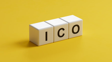 letters of the alphabet of ICO on wooden cubes. ICO - short for initial coin offering.close up of...