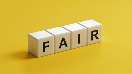wooden cubes with FAIR word. Mission, Vision and core values concept.close up of wooden cubes,Business Concept.3D rendering on yellow background.の写真素材