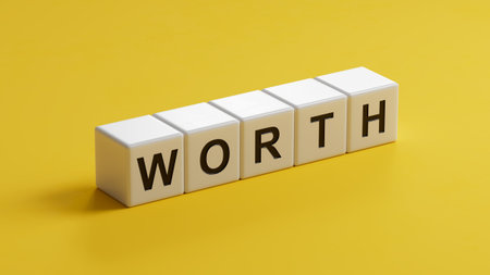 wooden cubes with WORTH business word. Mission, Vision and core values concept. 3D rendering on...